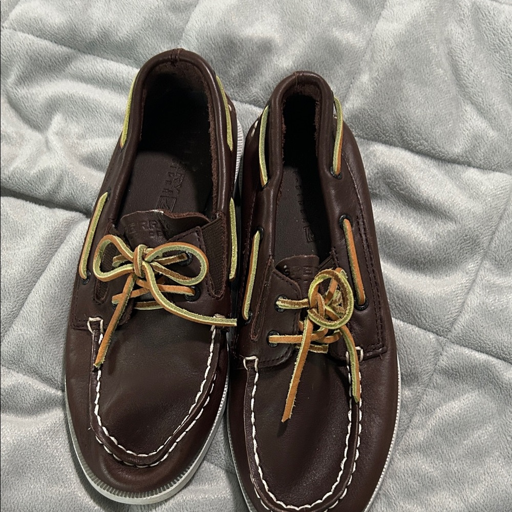 Sperry Brown Kids Shoes with Yellow Accents